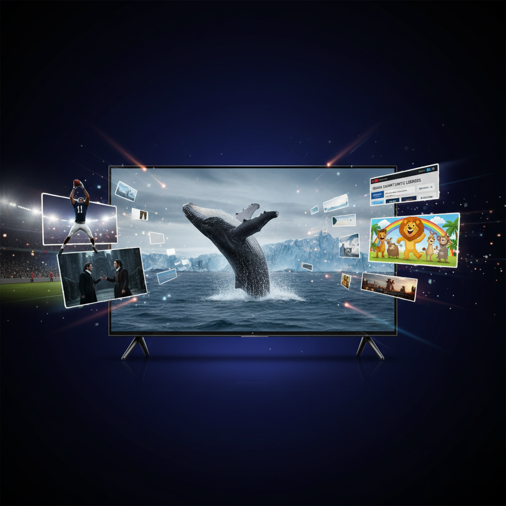 A vibrant collage of movie posters and live sports events representing the vast content library available with a Smartone IPTV subscription