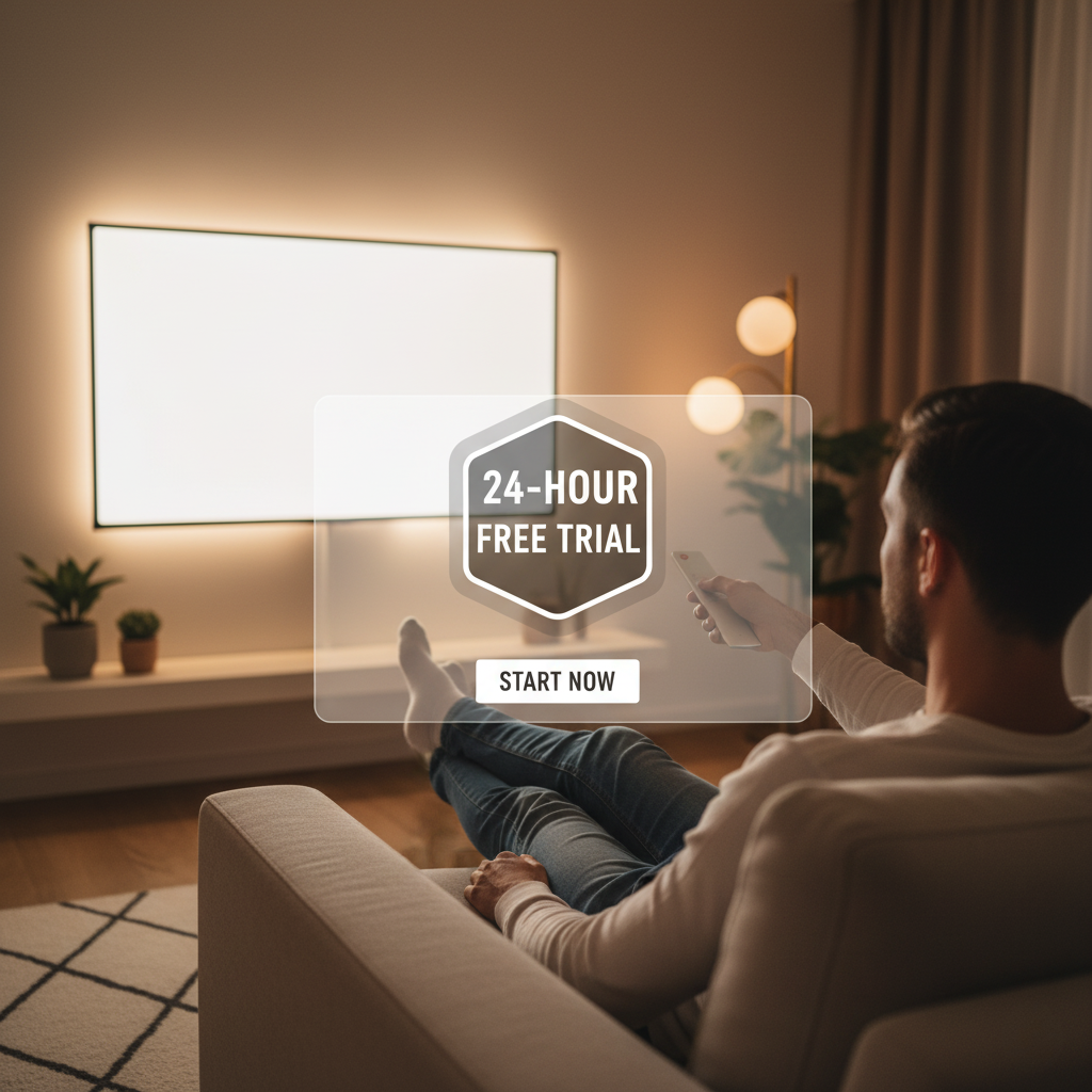 A person happily using a TV remote, with a calendar icon and a "24-Hour Free Trial" badge for Smartone IPTV displayed prominently.